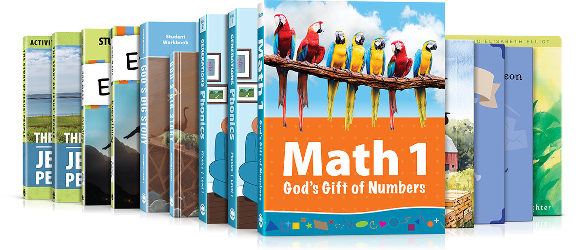 1st grade Christian homeschool curriculum package including phonics, history, science, and read-alouds